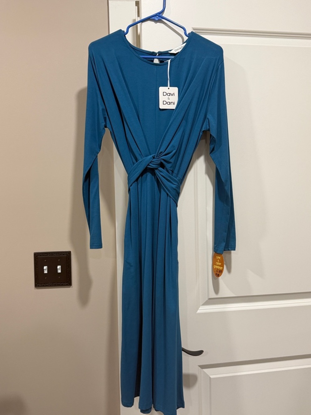 DAVI & DANI Teal Knot-Front Long Sleeve Midi Dress